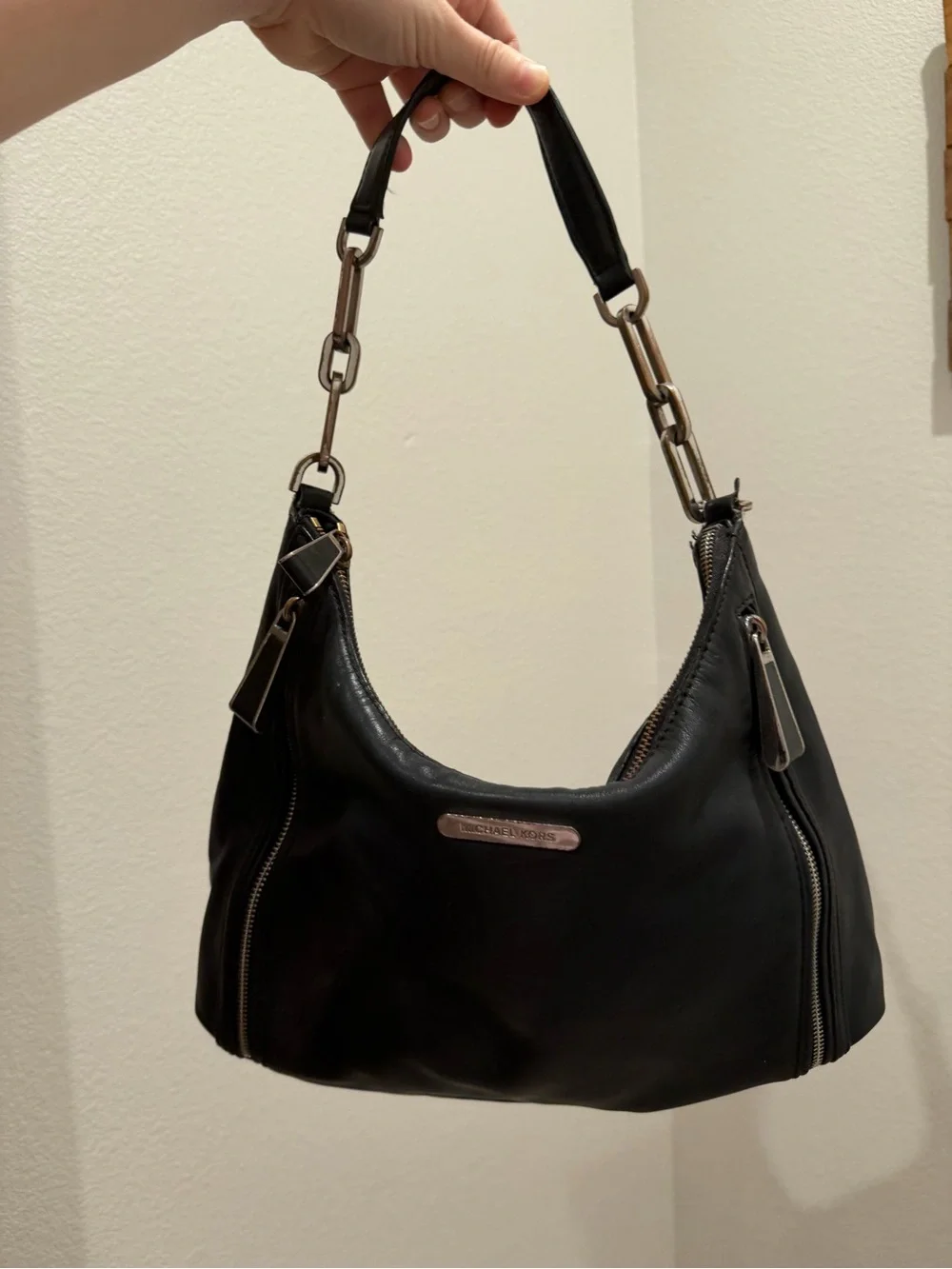 Michael Kors Black Leather Hobo with Gold-Tone Chain Accent